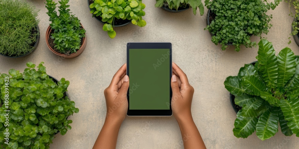 Exploring the intersection of nature and technology a serene moment with plants and digital devices