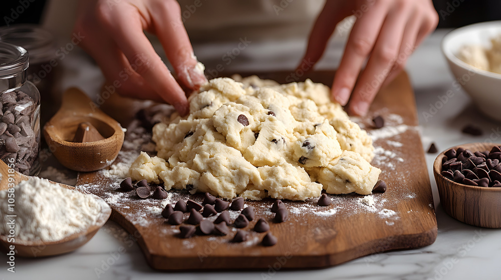 Hands Preparing Cookie Dough on a Wooden Board with Flour, Chocolate Chips, and Baking Ingredients, Capturing the Joy of Homemade Baking
Hands Preparing Cookie Dough on a Wooden Board with Flour, Chocolate Chips, and Baking Ingredients, Capturing the Joy of Homemade Baking