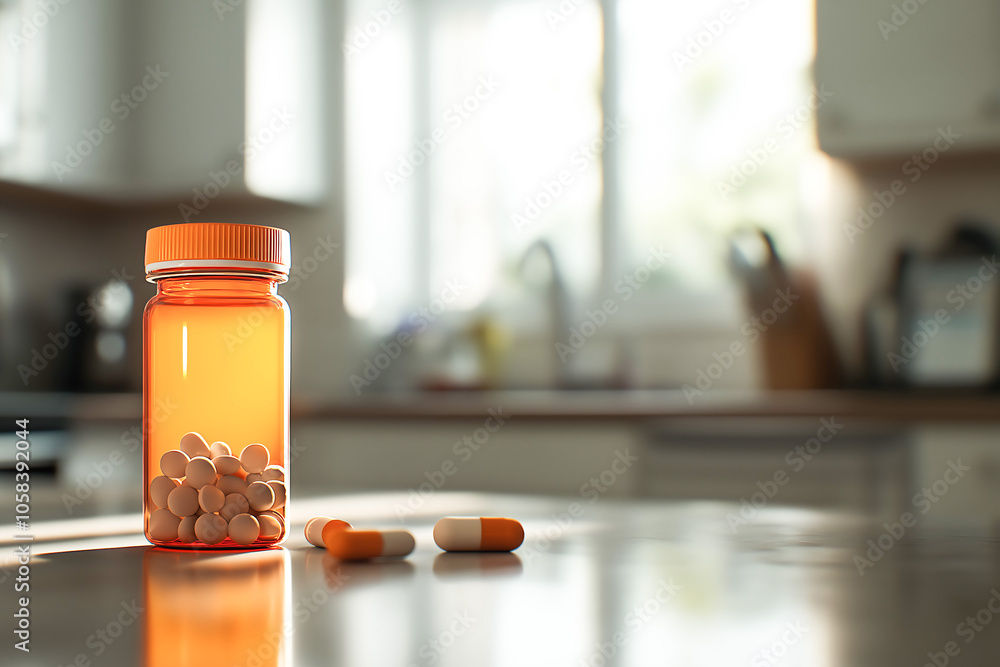 Orange prescription pill bottle and pills sitting on kitchen counter in morning light Orange prescription pill bottle and pills sitting on kitchen counter in morning light