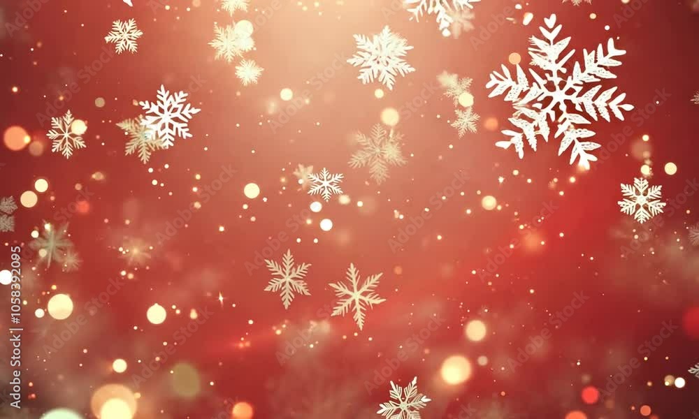 White snowflakes and golden bokeh lights on a warm red background. White snowflakes and golden bokeh lights on a warm red background.