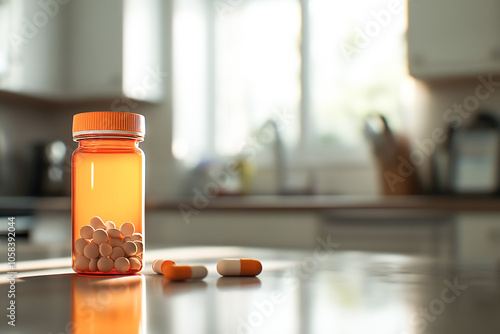 Orange prescription pill bottle and pills sitting on kitchen counter in morning light