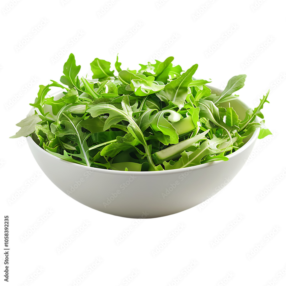 A white bowl filled with fresh arugula. A white bowl filled with fresh arugula.