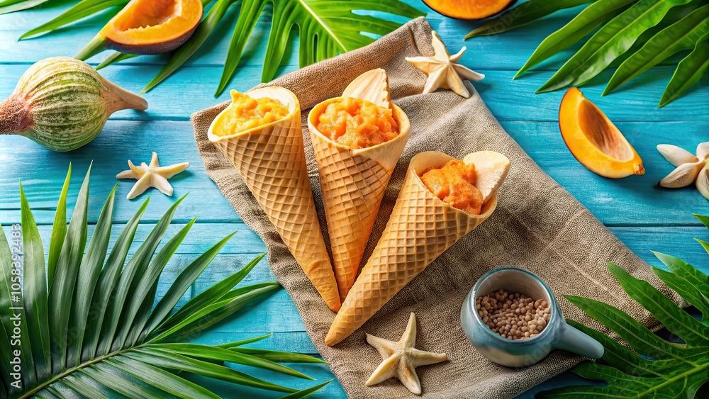 1. Freshly scooped papaya whip ice cream cones on a colorful beach towel, surrounded by tropical leaves and seashells, a realistic photo image. 1. Freshly scooped papaya whip ice cream cones on a colorful beach towel, surrounded by tropical leaves and seashells, a realistic photo image.