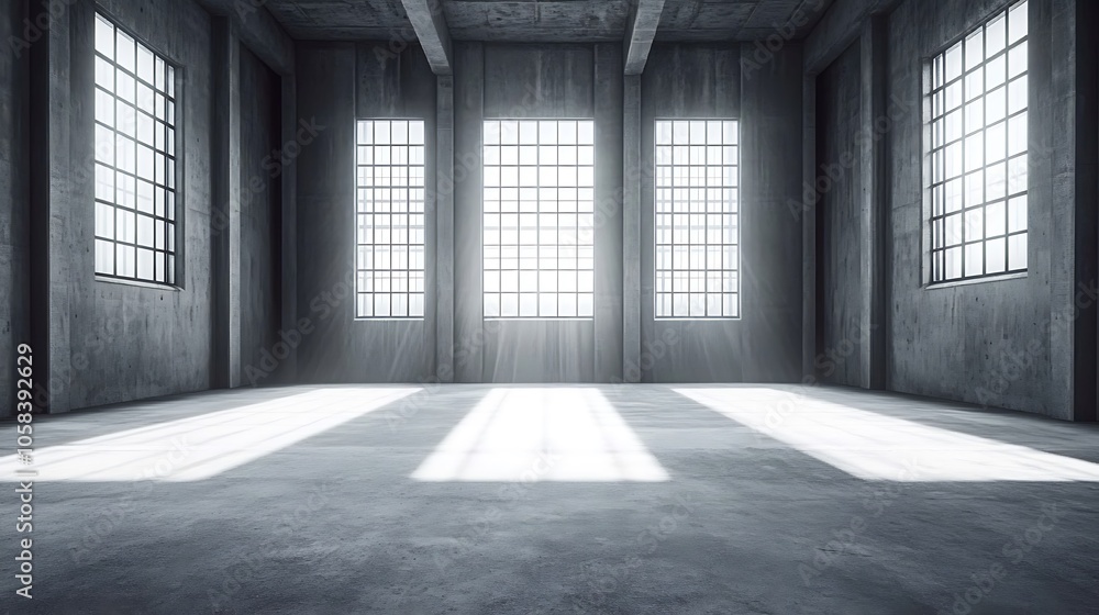 A large empty concrete room with large windows and sun shining through Plain Textured Background for Web Design and Copy A large empty concrete room with large windows and sun shining through Plain Textured Background for Web Design and Copy