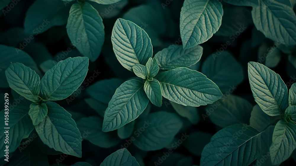 Close up of Lush Green Leaves for Natural Backgrounds Smooth Blue Background with Copy Space for Advertisements Close up of Lush Green Leaves for Natural Backgrounds Smooth Blue Background with Copy Space for Advertisements