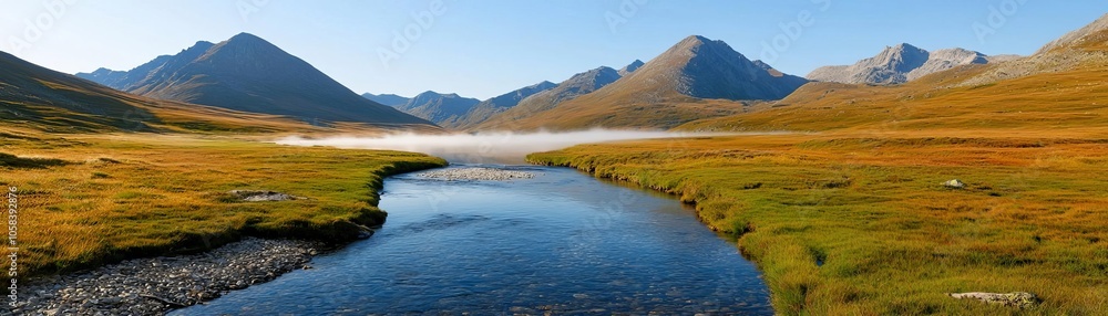 Flowing river reflecting early morning fog in a quiet valley, surrounded by mountainous terrain and softened by the peaceful glow of dawn Flowing river reflecting early morning fog in a quiet valley, surrounded by mountainous terrain and softened by the peaceful glow of dawn