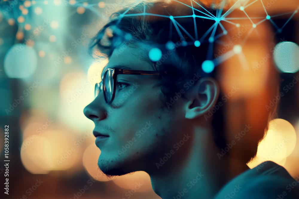 Close-up of a man wearing glasses with a digital network pattern on his face, symbolizing AI, technology, and futuristic data systems. Close-up of a man wearing glasses with a digital network pattern on his face, symbolizing AI, technology, and futuristic data systems.
