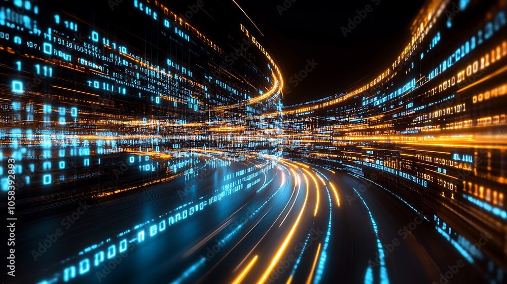 Fototapeta premium Abstract digital tunnel with glowing binary code for technology and data concepts Subtle Blur Background with Space for Custom Text