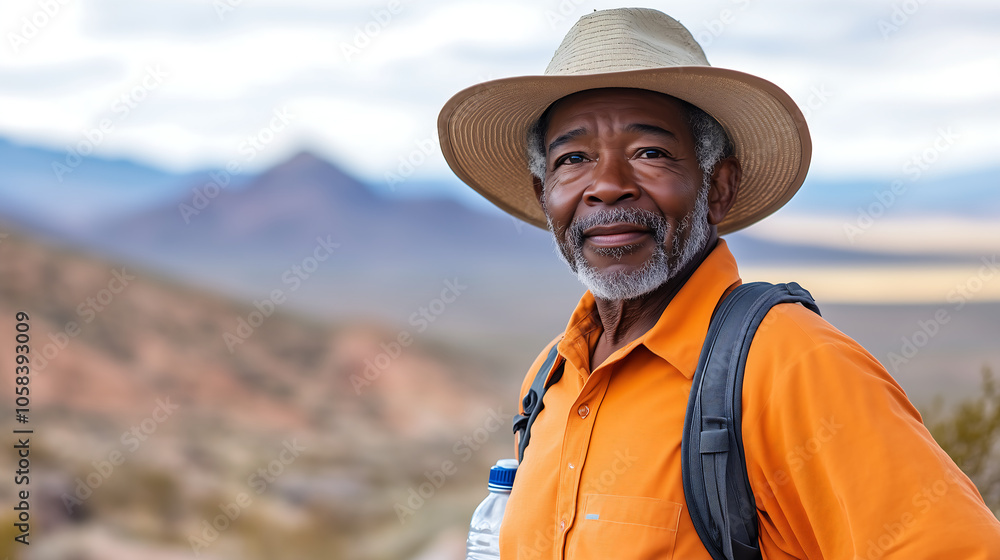 portrait of an elderly Black man standing confidently on a desert trail portrait of an elderly Black man standing confidently on a desert trail