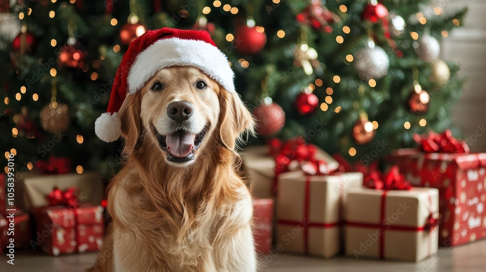 A happy golden retriever wearing a Santa hat, sitting in front of a beautifully decorated Christmas tree with a pile of wrapped gifts. A happy golden retriever wearing a Santa hat, sitting in front of a beautifully decorated Christmas tree with a pile of wrapped gifts.