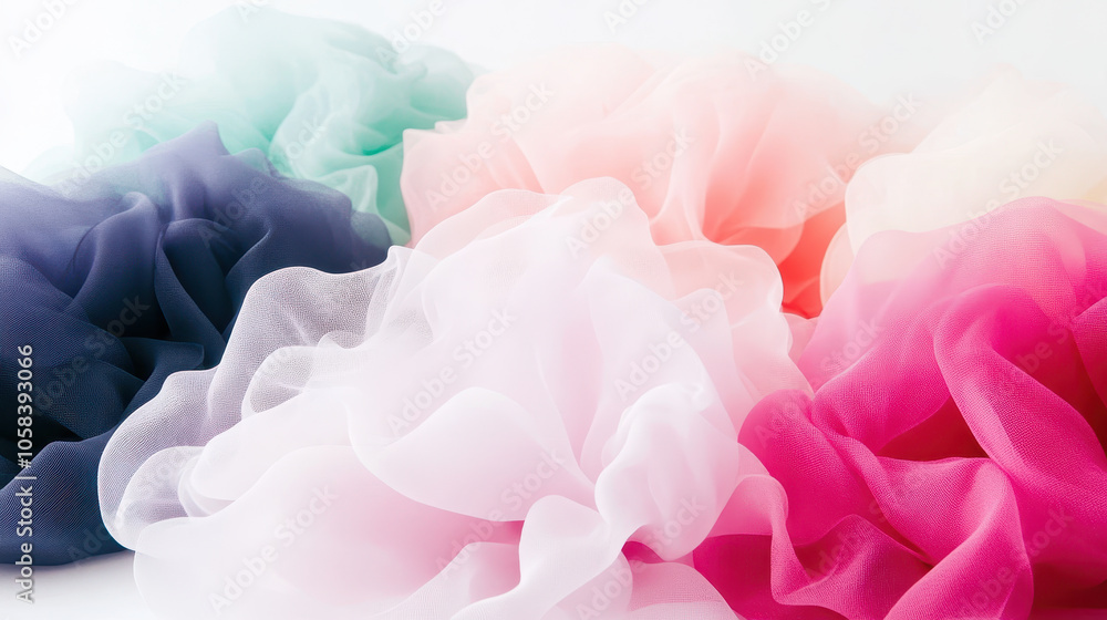 Fototapeta premium Soft pastel tulle fabric in various colors creating a dreamy and elegant texture