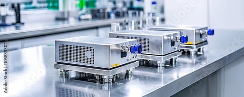 Heat transfer lab equipment arranged neatly on a stainless steel counter