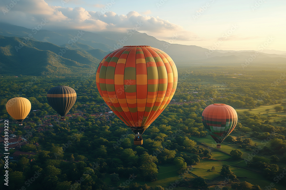 Fototapeta premium Colorful hot air balloons flying over the landscape at sunset. Cappadocia in Turkey