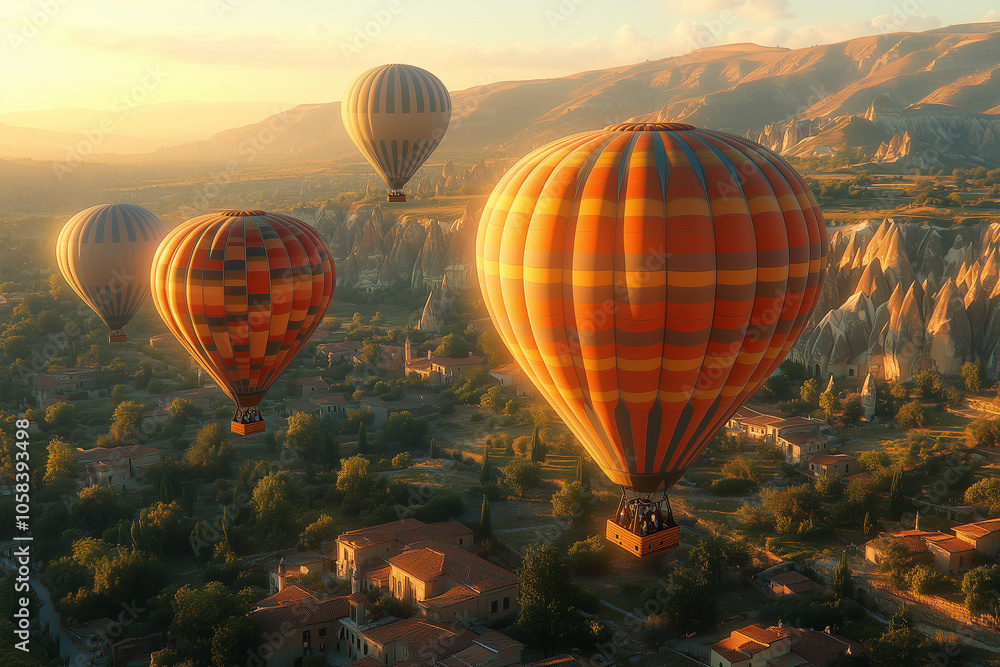 Obraz premium Colorful hot air balloons flying over the landscape at sunset. Cappadocia in Turkey