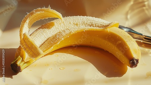 A partially peeled banana on a yellow background. photo