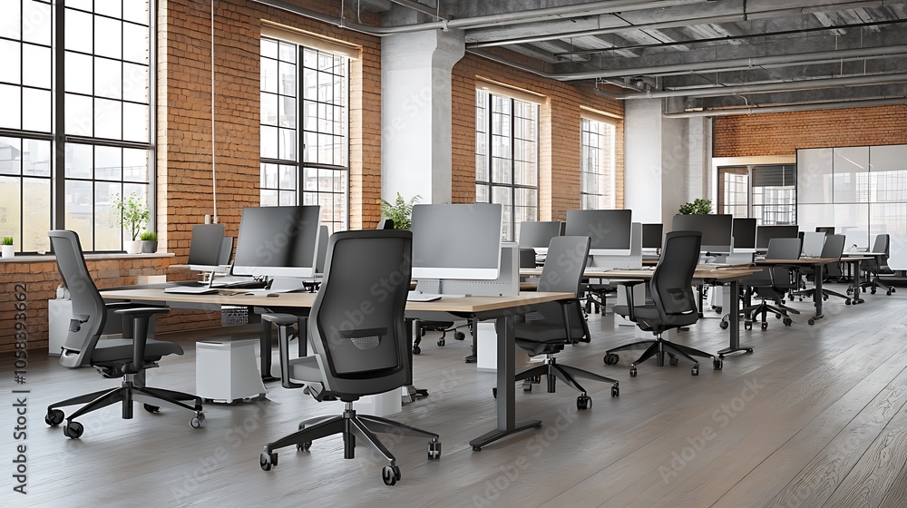 Modern Office Workspace with Desks and Chairs, Perfect for Business and Technology Concepts Plain Textured Background for Web Design and Copy Modern Office Workspace with Desks and Chairs, Perfect for Business and Technology Concepts Plain Textured Background for Web Design and Copy