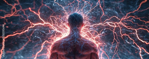 Cinematic portrayal of a human figure amidst electric energy and vibrant colors. photo