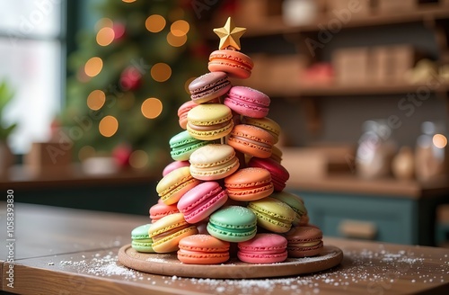A tower of macaroons on a table, in front of a Christmas tree in a store 