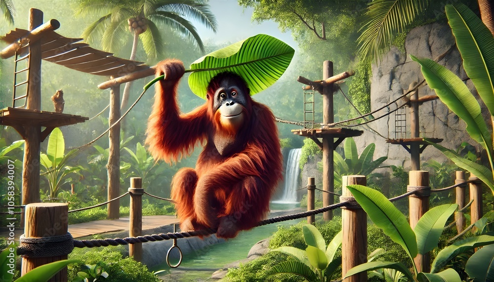 Obraz premium The Playful Orangutan with a Leaf Hat