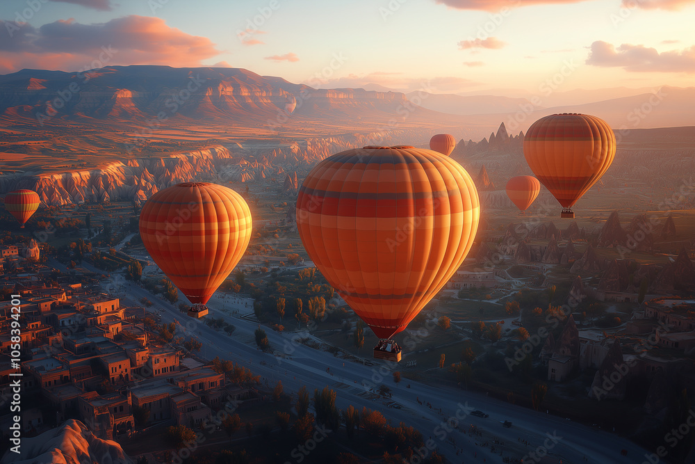 Obraz premium Colorful hot air balloons flying over the landscape at sunset. Cappadocia in Turkey