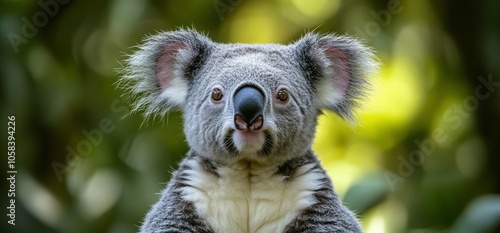 A close-up portrait of a cute koala looking directly at the camera, set against a soft green and yellow bokeh background. photo