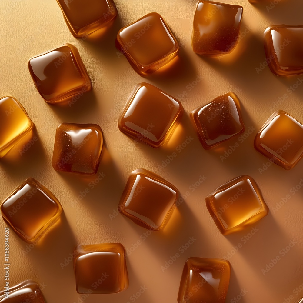 A dynamic image of shiny caramel candies arranged artistically on a smooth backdrop. A dynamic image of shiny caramel candies arranged artistically on a smooth backdrop.