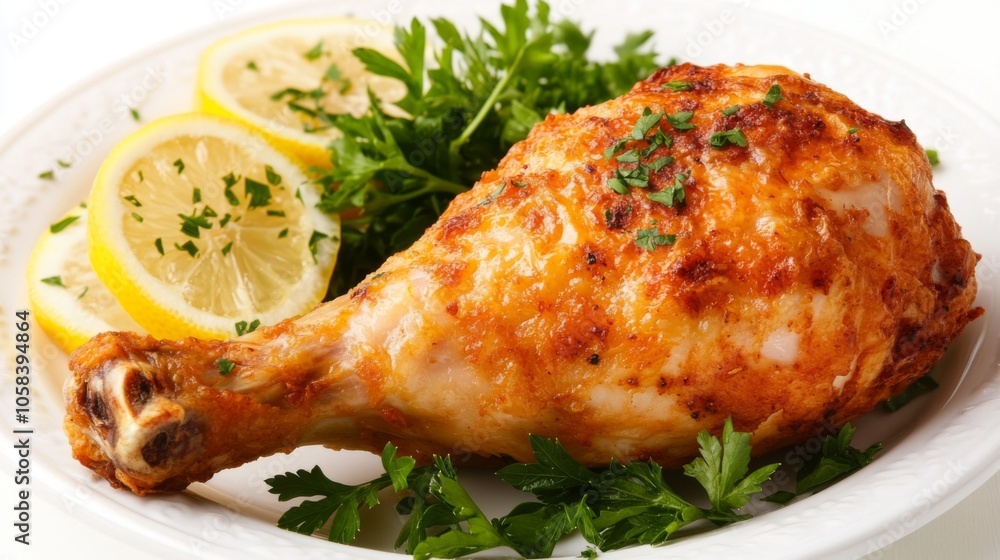 Crispy Chicken Leg with Fresh Herbs and Lemon Slices Crispy Chicken Leg with Fresh Herbs and Lemon Slices