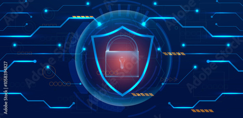 Cyber security attach concept. Data protection with shield and lock background vector editable