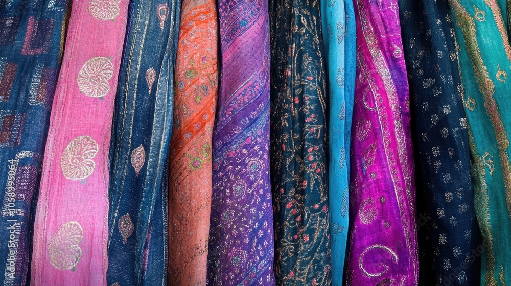 Colorful Textiles Displayed in Rows Colorful Textiles Displayed in Rows