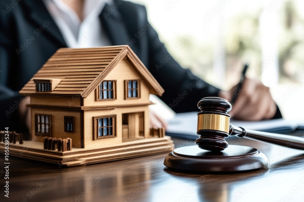 Male judge sitting at desk with gavel and small wooden house model, working with documents Male judge sitting at desk with gavel and small wooden house model, working with documents