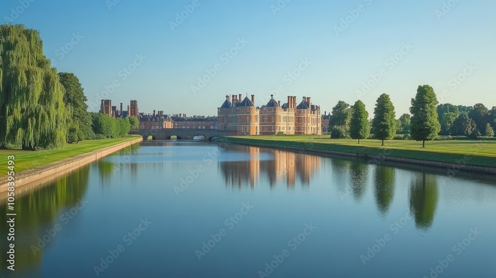 Scenic View of Historic Mansion by Calm River Scenic View of Historic Mansion by Calm River
