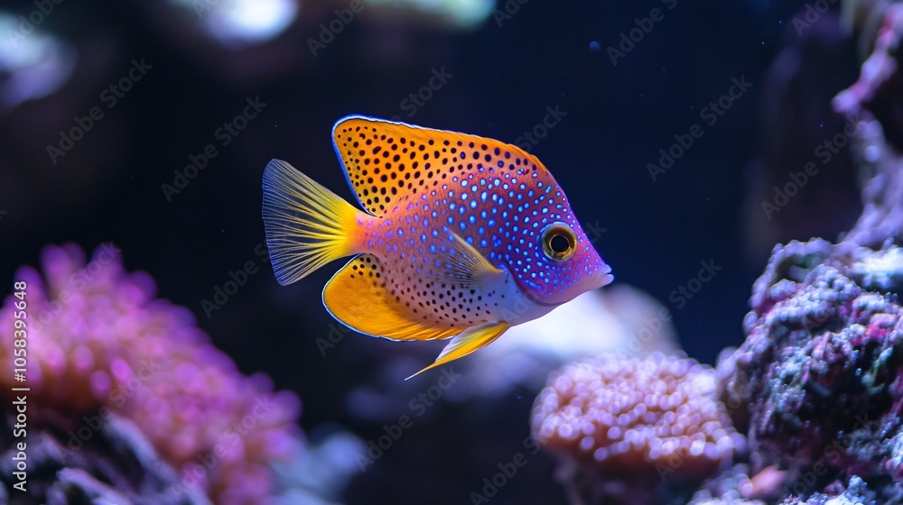 Vibrant Yellow and Purple Fish Swimming in Coral Reef Vibrant Yellow and Purple Fish Swimming in Coral Reef