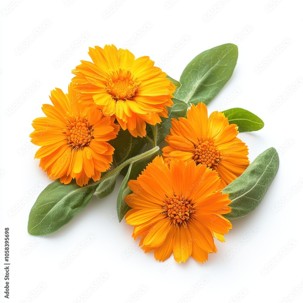 Orange Calendula Flowers with Green Leaves Isolated on White Orange Calendula Flowers with Green Leaves Isolated on White