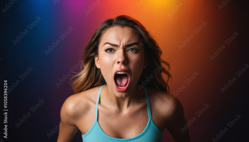 woman screaming being angry colorful background, emotions woman screaming being angry colorful background, emotions