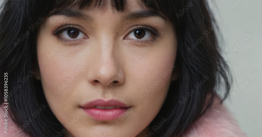 Stylish woman with short black hair posing against pink background in various expressions. Stylish woman with short black hair posing against pink background in various expressions.