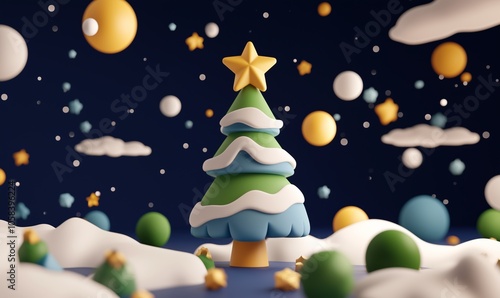 Colorful Christmas tree surrounded by playful shapes in a festive winter setting, creating a cheerful holiday atmosphere