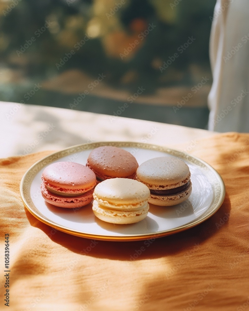 Autumn-inspired macarons in fall flavors on a gold-rimmed plate Autumn-inspired macarons in fall flavors on a gold-rimmed plate