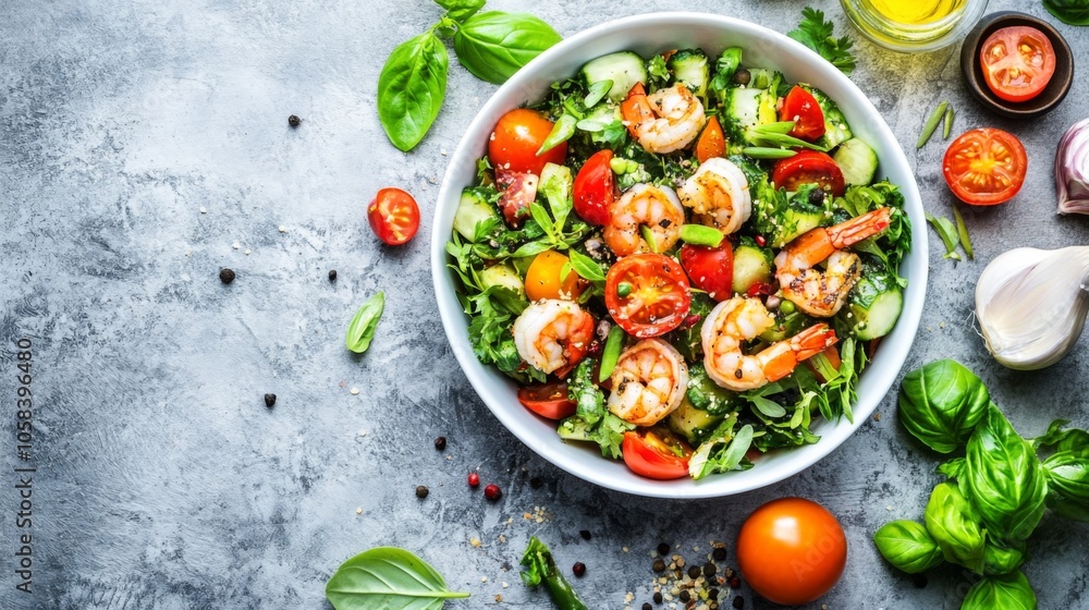 Fresh Shrimp Salad with Colorful Vegetables and Greens Fresh Shrimp Salad with Colorful Vegetables and Greens