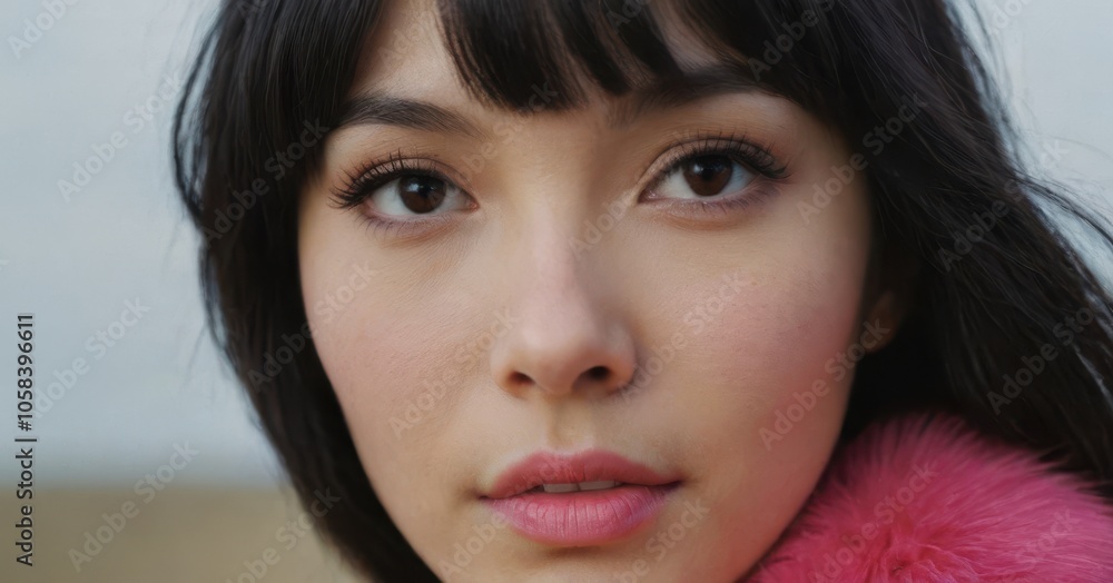 Stylish woman with short black hair posing against pink background in various expressions. Stylish woman with short black hair posing against pink background in various expressions.