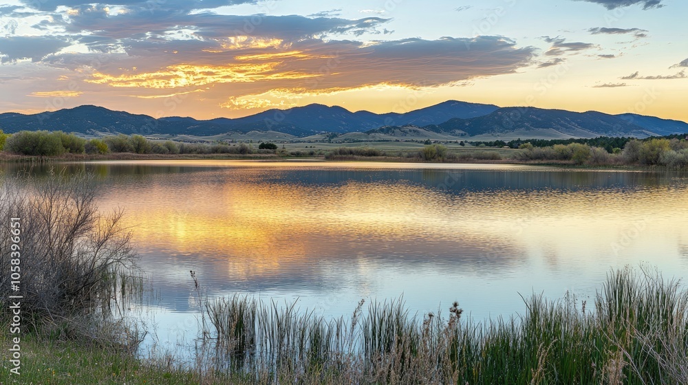 Serene Lake Reflection at Sunset with Mountain View Serene Lake Reflection at Sunset with Mountain View