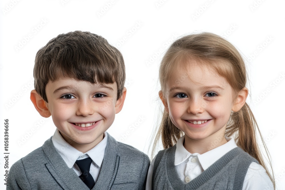 Primary school smiling boy and girl isolated on white background Primary school smiling boy and girl isolated on white background