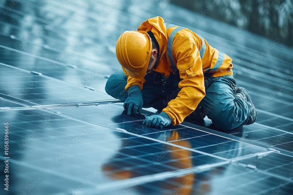 Professional engineer working on solar panel installation. Worker Maintenance Cleaning Professional engineer working on solar panel installation. Worker Maintenance Cleaning