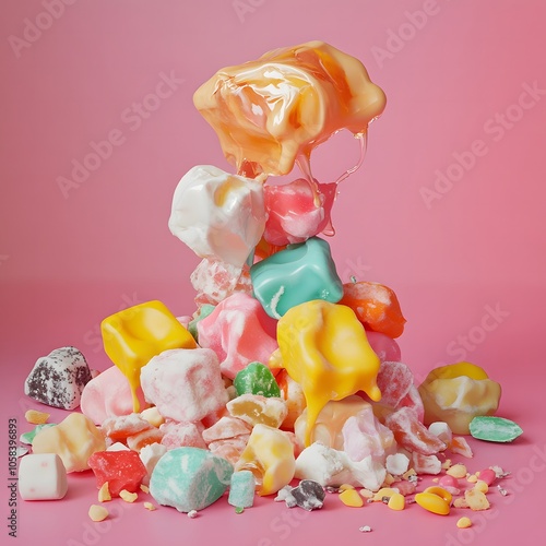 A playful scene of sweets like taffy and fudge stuck together with a stubborn adhesive, highlighting their gooey nature. photo