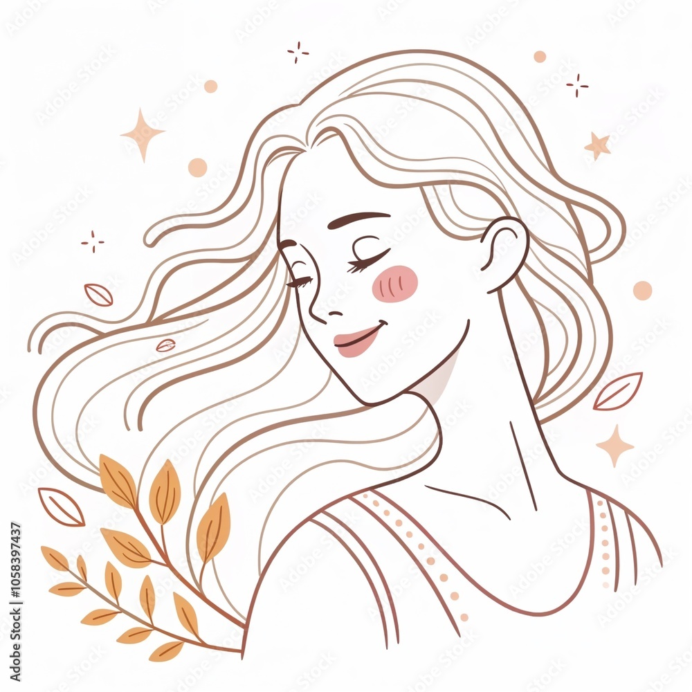 Stylized illustration of a young woman with flowing hair, surrounded by leaves and stars Stylized illustration of a young woman with flowing hair, surrounded by leaves and stars