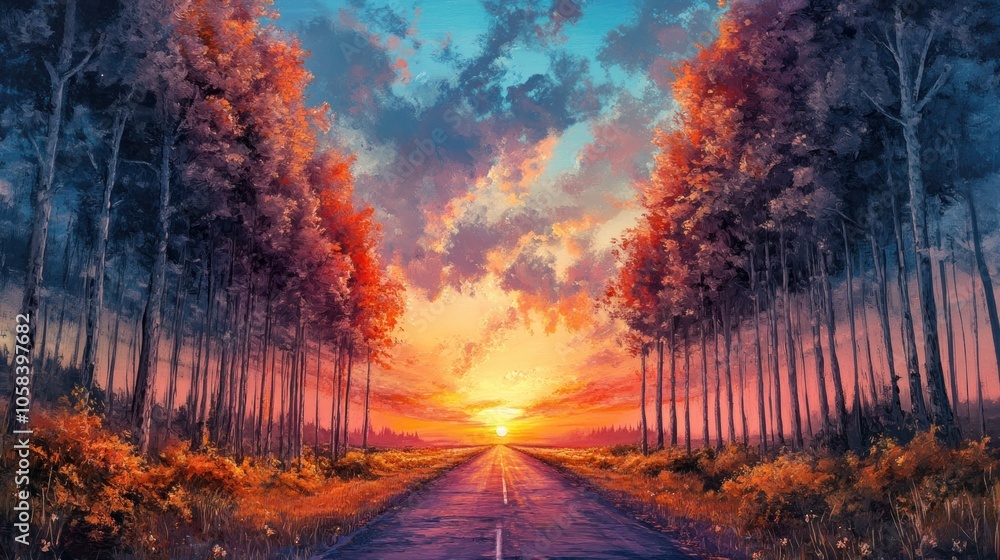 A long straight road through a forest with a sunset in the distance. A long straight road through a forest with a sunset in the distance.