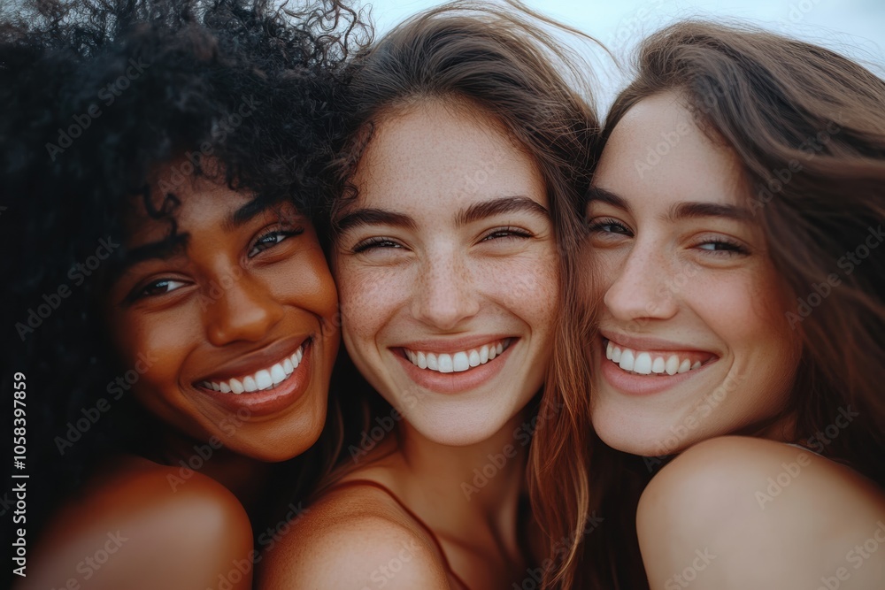 Three women each with radiant smiles, embrace in a moment of joy Three women each with radiant smiles, embrace in a moment of joy