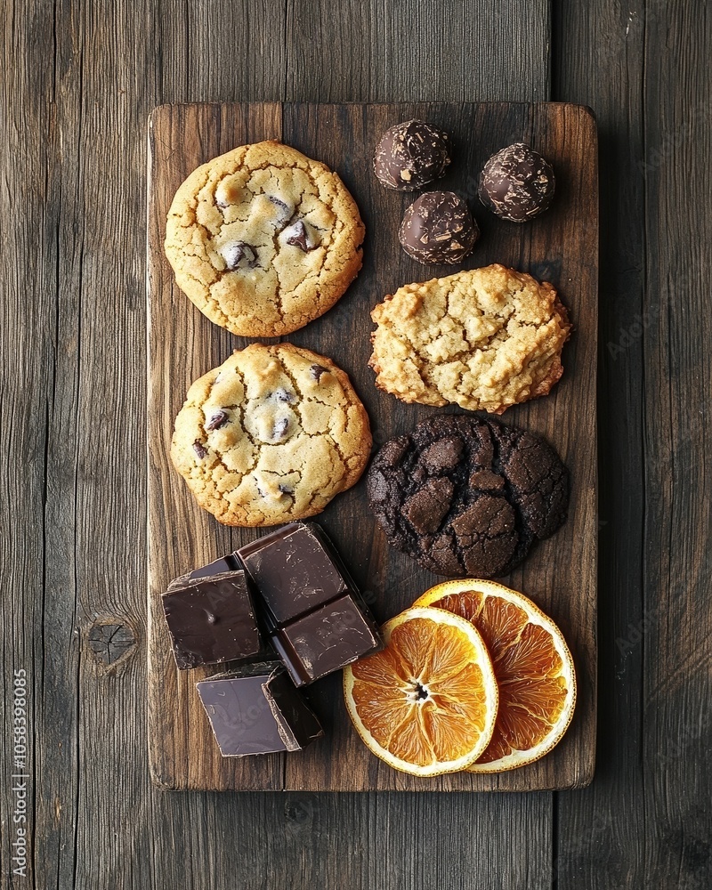 Freshly baked cookies assortment with truffles and dried orange accent Freshly baked cookies assortment with truffles and dried orange accent