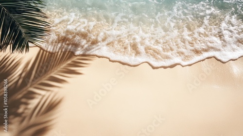 Top view of Empty abstract sand beach with palm leaf shadow and transparent water wave from