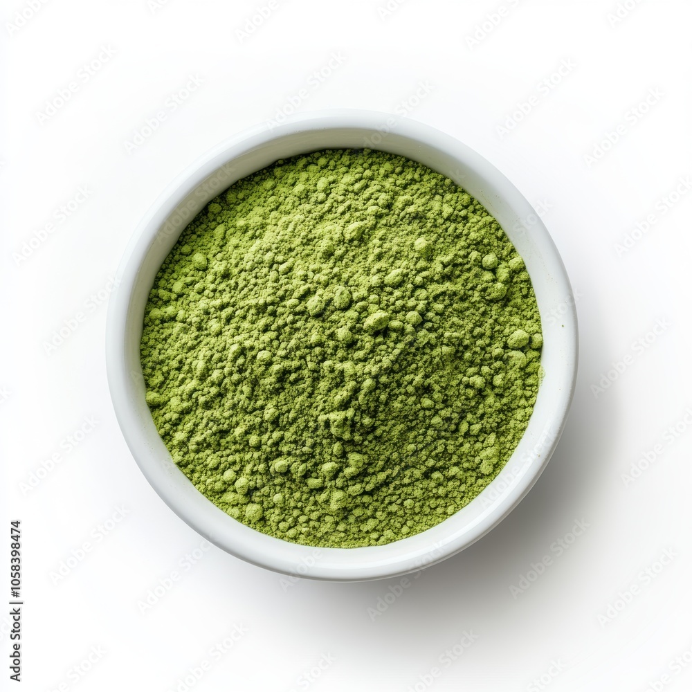 Top view of green powder in a white bowl isolated on white Top view of green powder in a white bowl isolated on white