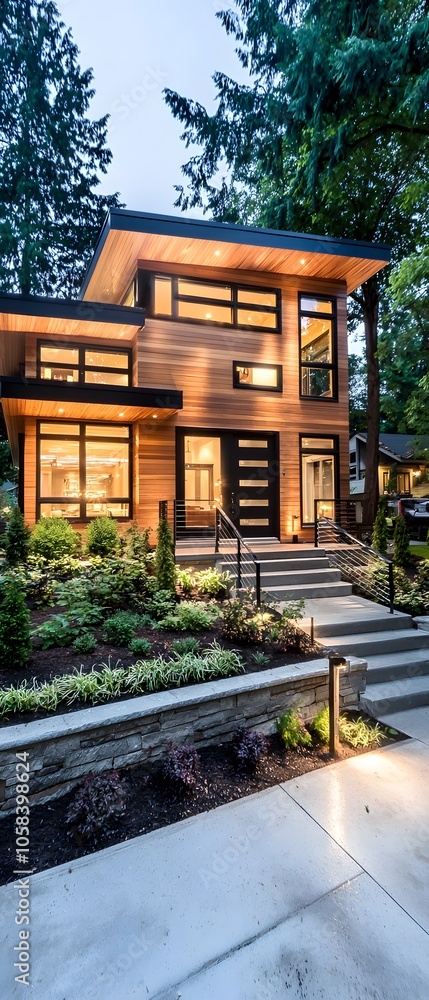 Fototapeta premium Modern House with Stone Wall and Landscape Lighting at Dusk.
